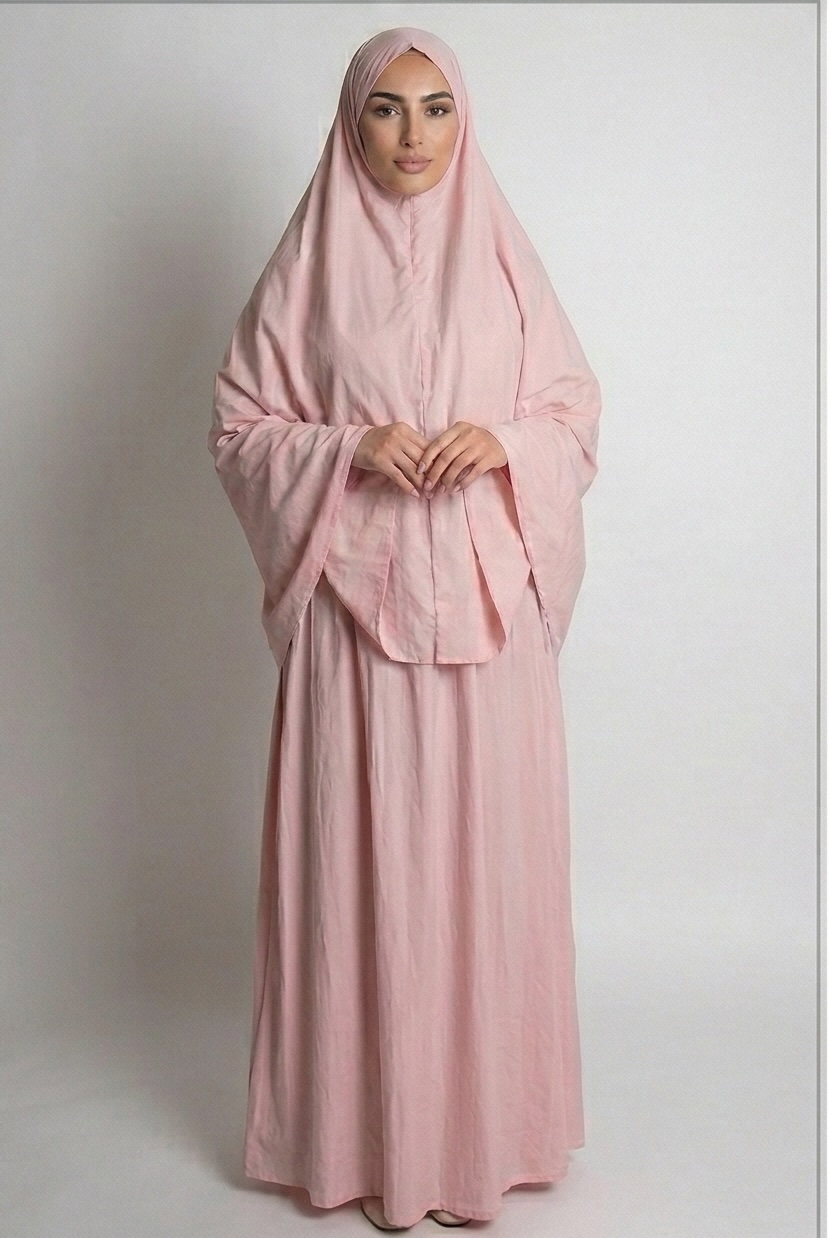 Salah-Mate prayer garment Blush Pink full body standing view